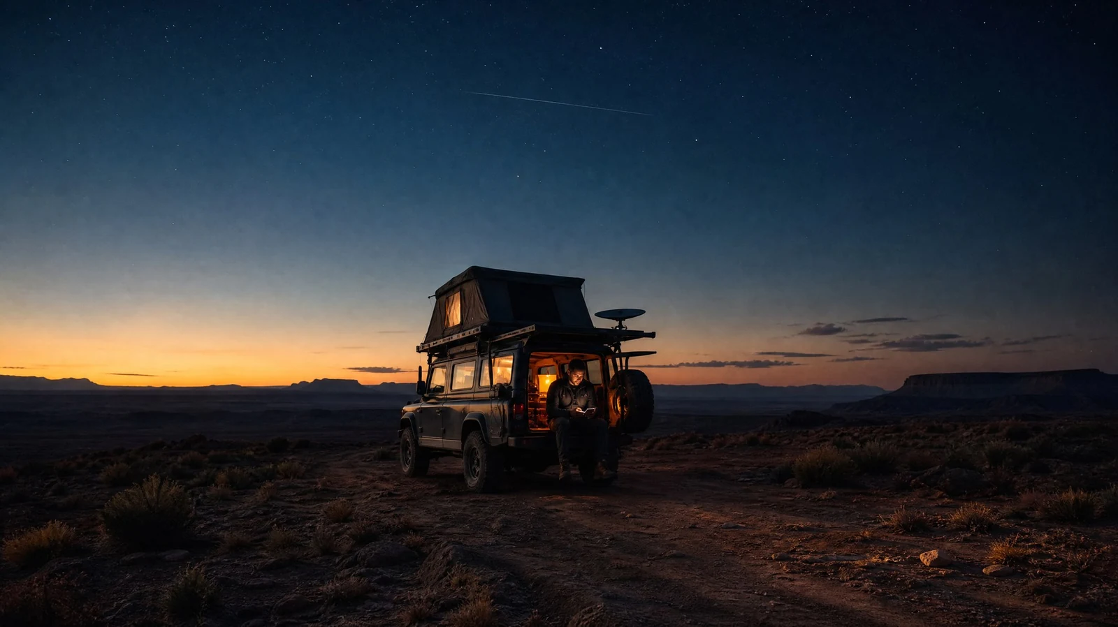 Traveller using a connected device at blue hour
