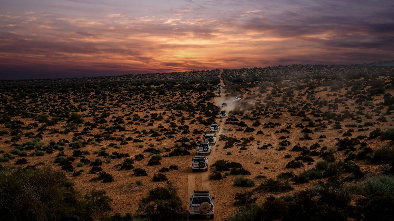 Long-distance overland convoy on a desert track