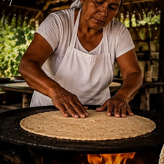 Casabe baking flat on a hot griddle