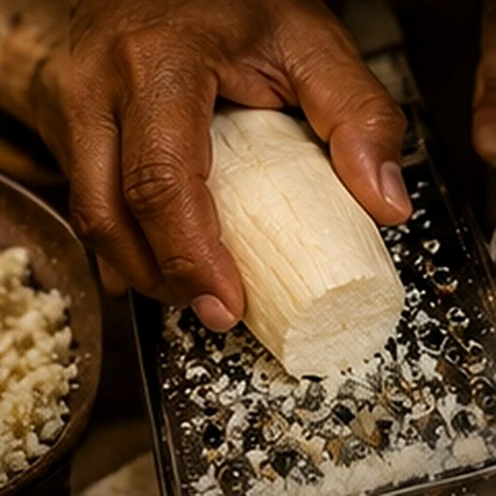 Cassava being grated and pressed