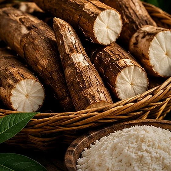 Whole bitter cassava roots brought in from the fields