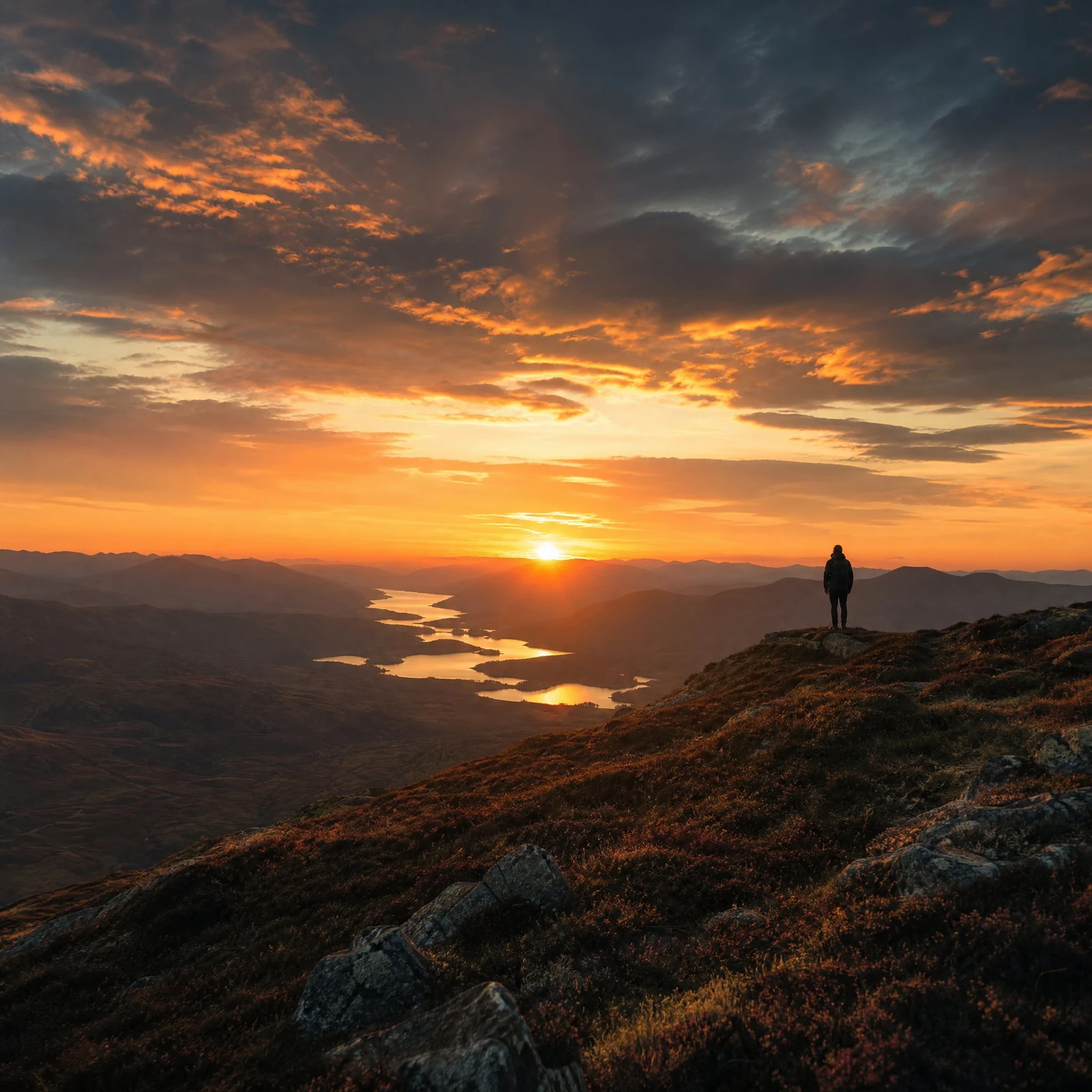 A lone explorer on a ridge above a valley at sunrise