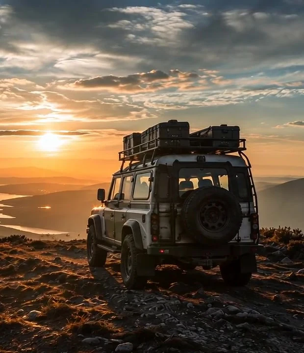 Overland vehicle on a ridge above a lake valley at sunrise